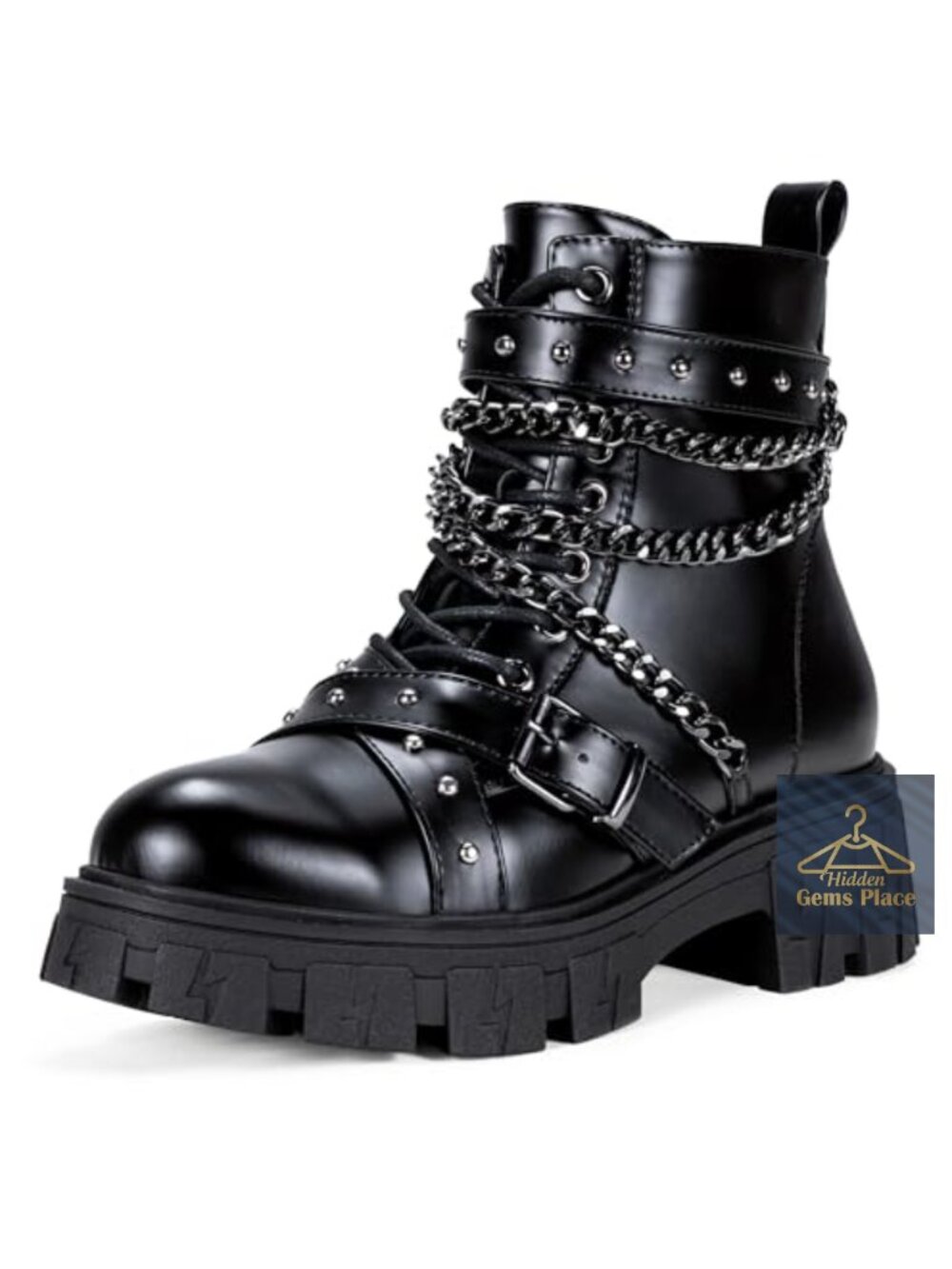 Jeossy Women's Platform Combat Boots with Chains and Side Zipper Faux Leather